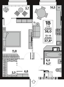 Студия квартира, вторичка, 38м2, 14/14 этаж