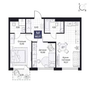 2-к квартира, вторичка, 60м2, 2/10 этаж