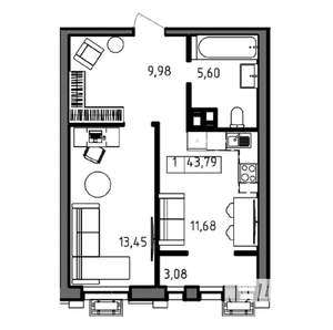 1-к квартира, вторичка, 44м2, 2/23 этаж