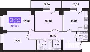 3-к квартира, строящийся дом, 95м2, 7/19 этаж