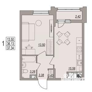 1-к квартира, вторичка, 37м2, 2/6 этаж