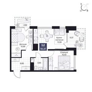 2-к квартира, вторичка, 50м2, 4/8 этаж