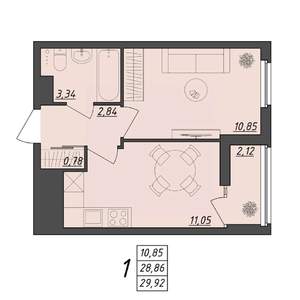 1-к квартира, вторичка, 30м2, 6/10 этаж