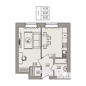 1-к квартира, вторичка, 35м2, 3/3 этаж