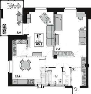 1-к квартира, вторичка, 61м2, 2/6 этаж