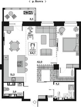 1-к квартира, вторичка, 64м2, 15/20 этаж