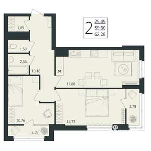 2-к квартира, вторичка, 62м2, 4/17 этаж