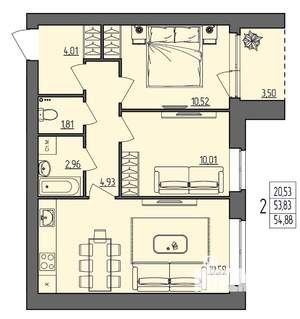2-к квартира, вторичка, 55м2, 1/4 этаж