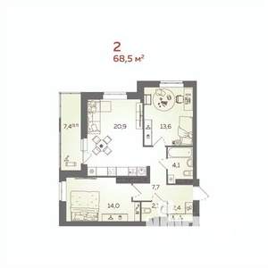 2-к квартира, вторичка, 69м2, 13/21 этаж