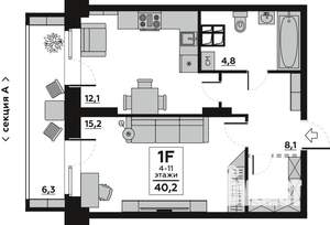 1-к квартира, вторичка, 40м2, 4/19 этаж