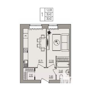 1-к квартира, вторичка, 35м2, 1/3 этаж