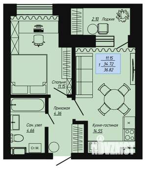 1-к квартира, вторичка, 37м2, 6/16 этаж