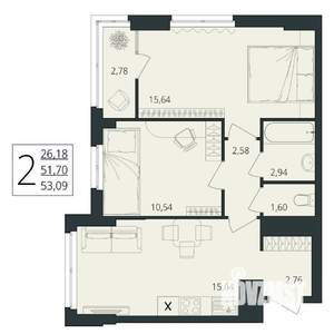 2-к квартира, вторичка, 53м2, 15/17 этаж