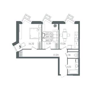 2-к квартира, вторичка, 61м2, 11/22 этаж