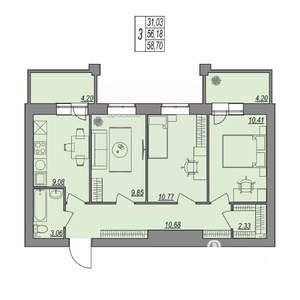 3-к квартира, строящийся дом, 59м2, 7/7 этаж