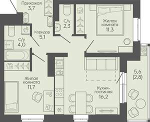 2-к квартира, вторичка, 57м2, 12/22 этаж