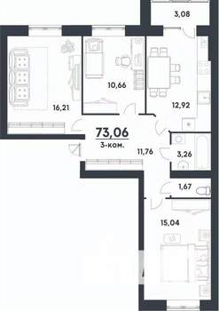 3-к квартира, строящийся дом, 73м2, 3/4 этаж