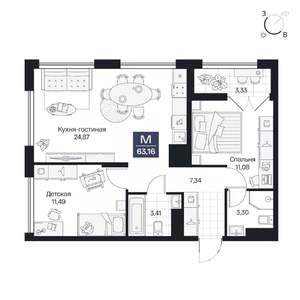 2-к квартира, вторичка, 63м2, 6/10 этаж