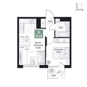 1-к квартира, вторичка, 35м2, 5/9 этаж