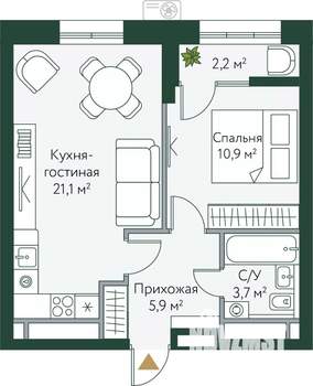 1-к квартира, вторичка, 44м2, 13/24 этаж