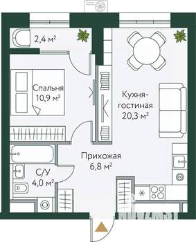 1-к квартира, вторичка, 44м2, 2/24 этаж