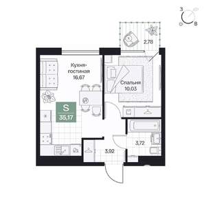 1-к квартира, вторичка, 35м2, 6/9 этаж