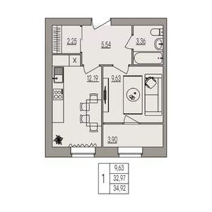 1-к квартира, вторичка, 35м2, 2/3 этаж