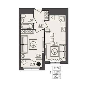 1-к квартира, вторичка, 34м2, 11/17 этаж