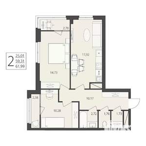 2-к квартира, вторичка, 62м2, 14/17 этаж