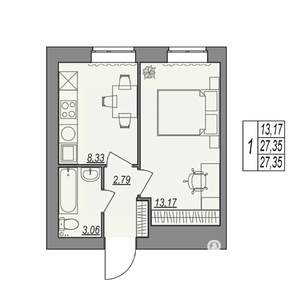 1-к квартира, строящийся дом, 27м2, 1/7 этаж