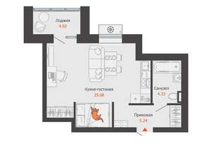 Студия квартира, строящийся дом, 37м2, 4/8 этаж