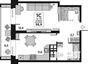 1-к квартира, вторичка, 39м2, 16/19 этаж