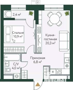 1-к квартира, вторичка, 44м2, 3/24 этаж