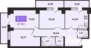 3-к квартира, строящийся дом, 98м2, 16/19 этаж