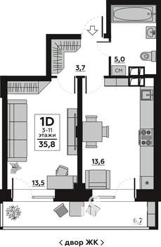 1-к квартира, вторичка, 36м2, 3/19 этаж