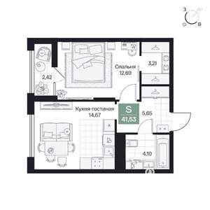 1-к квартира, вторичка, 42м2, 5/10 этаж