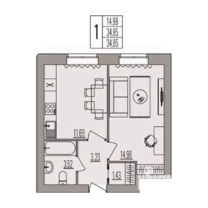 1-к квартира, вторичка, 35м2, 2/3 этаж