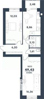 2-к квартира, строящийся дом, 49м2, 4/4 этаж