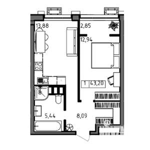 1-к квартира, вторичка, 43м2, 23/23 этаж