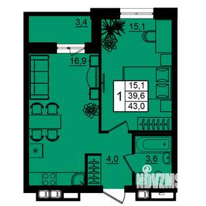 1-к квартира, вторичка, 43м2, 12/16 этаж