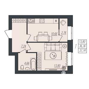 1-к квартира, вторичка, 38м2, 9/10 этаж