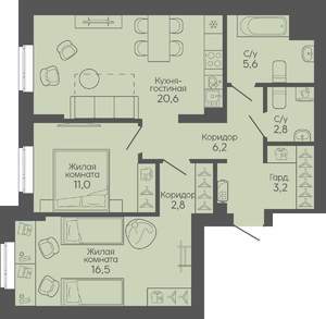 2-к квартира, вторичка, 69м2, 1/19 этаж