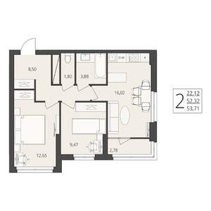 2-к квартира, вторичка, 54м2, 3/17 этаж