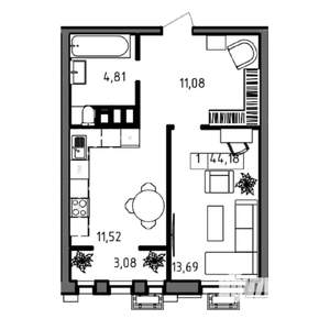 1-к квартира, вторичка, 44м2, 19/23 этаж