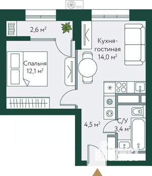 1-к квартира, строящийся дом, 37м2, 15/24 этаж
