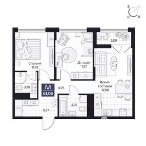 2-к квартира, вторичка, 61м2, 3/10 этаж