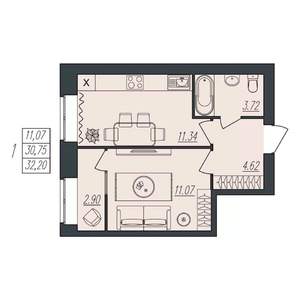 1-к квартира, вторичка, 32м2, 9/10 этаж