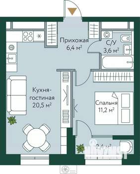 1-к квартира, строящийся дом, 44м2, 23/24 этаж