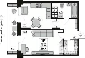 1-к квартира, вторичка, 40м2, 18/19 этаж