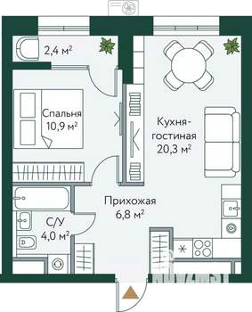 1-к квартира, вторичка, 44м2, 12/24 этаж